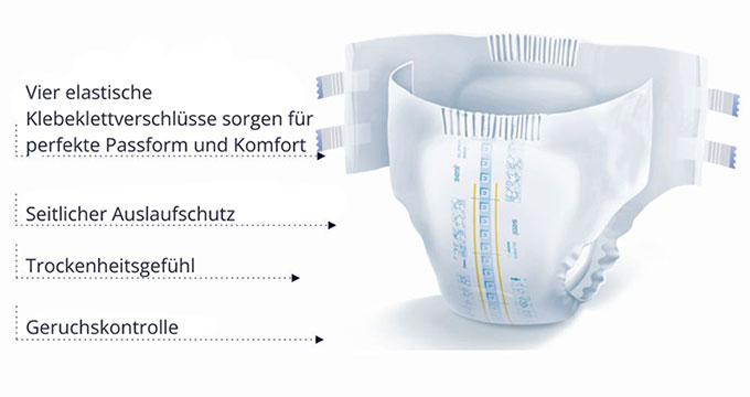 Seni Super Windelhosen, die Produkteigenschaften im Überblick (seitliche Klebeverschlüsse, Auslaufschutz, Trockene Haut, Geruchskontrolle)