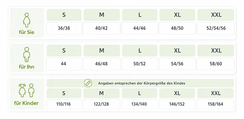 Finden Sie die passende Größe Größentabelle suprima Pflegewäsche Damen, Herren, Kinder